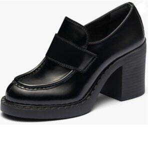 Maiyang Black Chunky Mid Heel Platform Loafers Round Toe Slip on Party Pump